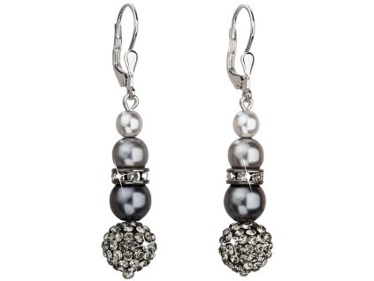 Stříbrné náušnice visací se syntetickými perlami a Preciosa krystaly šedé kulaté 31149.3