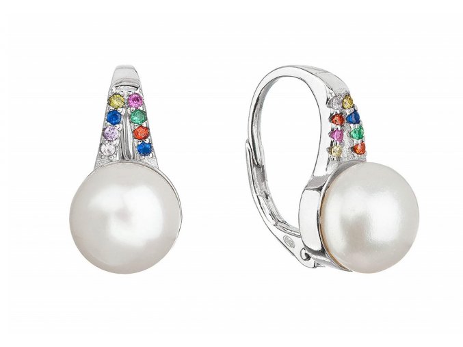 Stříbrné náušnice visací s bílou říční perlou a multi zirkony 21070.3 multi