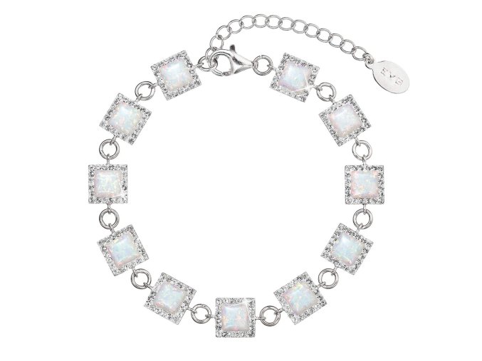 Stříbrný náramek se syntetickým opálem a krystaly Preciosa bílý čtverec 33047.1 white