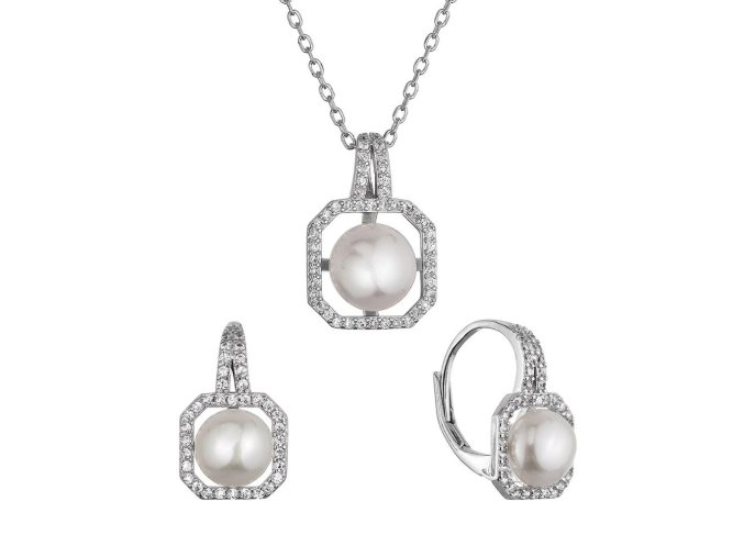 Perlová souprava s bílou říční perlou a zirkony čtverec 29083.1