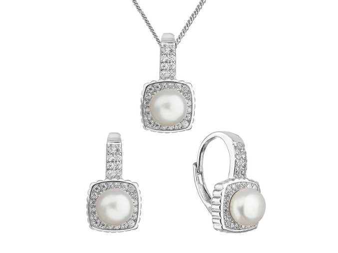 Perlová souprava s bílou říční perlou a zirkony čtverec 29084.1