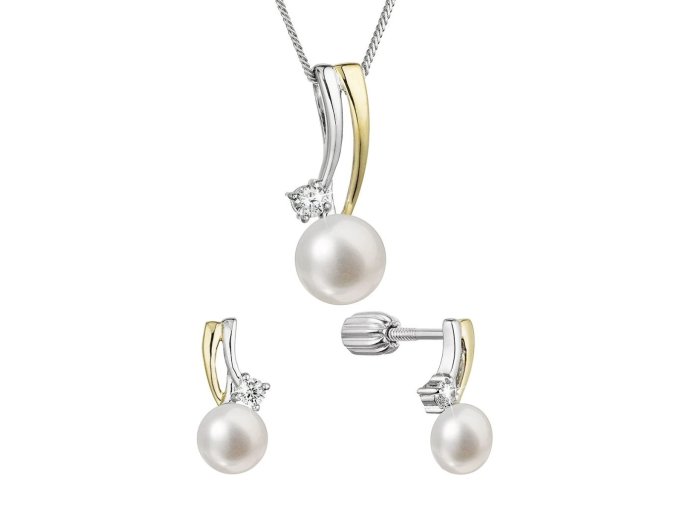 Perlová souprava se zirkony a bílou říční perlou 29071.1B rh/au