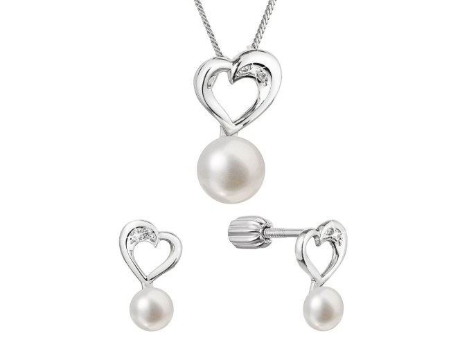 Perlová souprava srdce se zirkony a bílou říční perlou 29064.1B