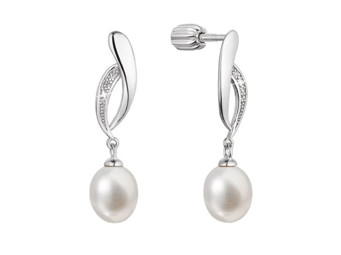Stříbrné náušnice pecky s říční perlou a zirkony bílá 21103.1B