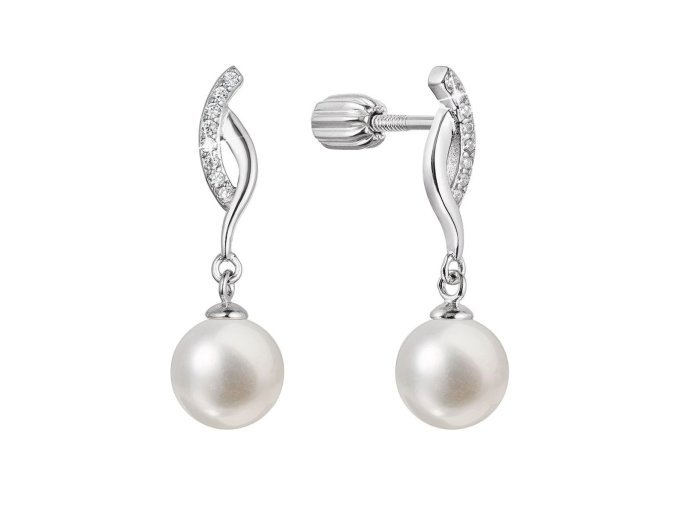 Stříbrné náušnice visací s kulatou říční perlou bílé 21094.1B