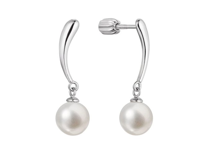 Stříbrné náušnice visací s kulatou říční perlou bílé 21095.1B