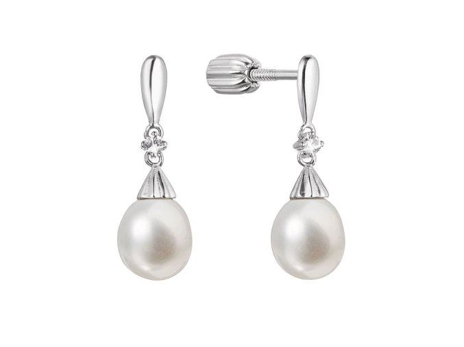 Stříbrné náušnice visací s říční perlou a malým zirkonem bílá 21105.1B