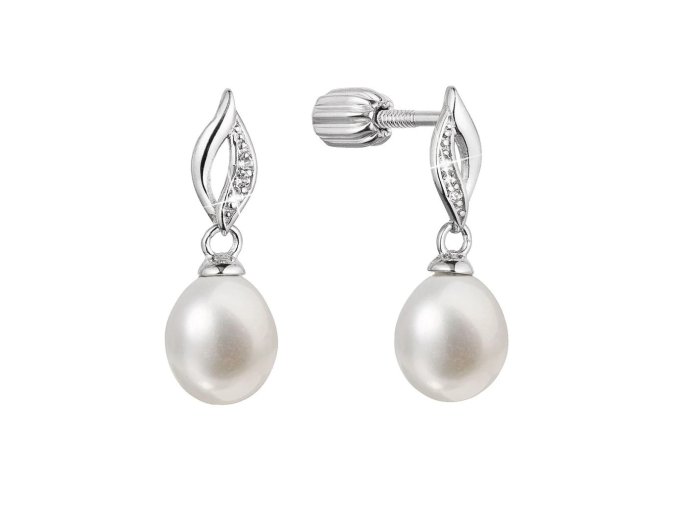 Stříbrné náušnice visací s říční perlou a zirkony bílá 21104.1B