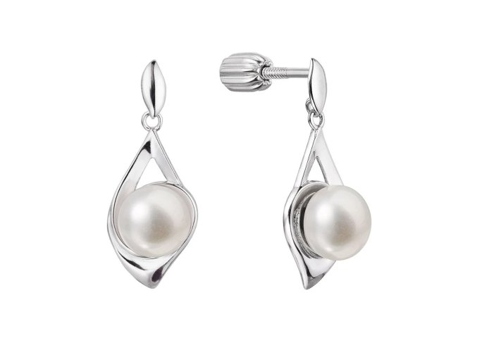 Stříbrné náušnice visací slza s říční perlou bílá 21080.1B