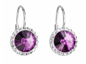 Stříbrné náušnice visací s krystaly Preciosa fialové kulaté 31216.3 amethyst