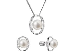 Perlová souprava ovál s říční perlou a zirkony bílá 29049.1B