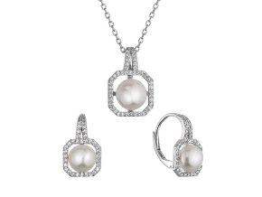 Perlová souprava s bílou říční perlou a zirkony čtverec 29083.1