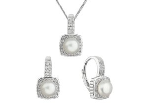 Perlová souprava s bílou říční perlou a zirkony čtverec 29084.1