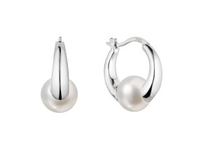 Stříbrné náušnice kruhy s říční perlou bílé 21085.1