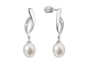 Stříbrné náušnice pecky s říční perlou a zirkony bílá 21103.1B