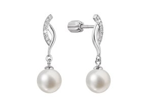 Stříbrné náušnice visací s kulatou říční perlou bílé 21094.1B