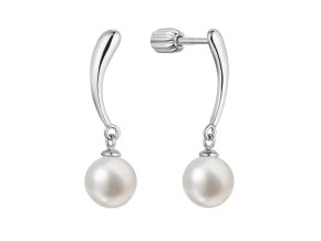 Stříbrné náušnice visací s kulatou říční perlou bílé 21095.1B
