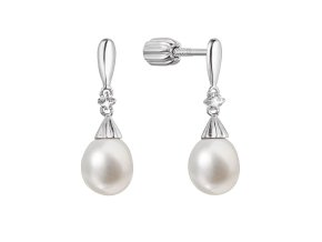 Stříbrné náušnice visací s říční perlou a malým zirkonem bílá 21105.1B
