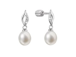 Stříbrné náušnice visací s říční perlou a zirkony bílá 21104.1B