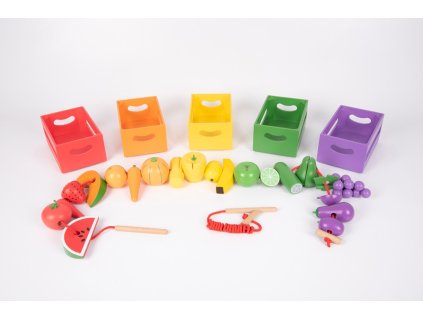 Wooden crates with vegetables and fruits (28 pcs)