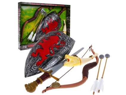 Středověká válečnická sada, luk, štít, meč, roh