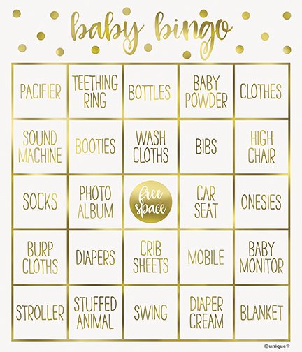 Baby Shower Bingo hra pro 8 – Zlatá edice