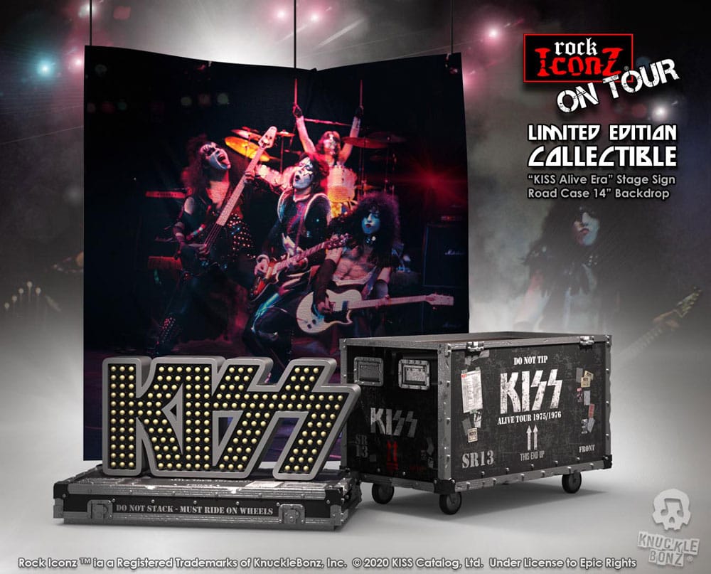 KnuckleBonz Kiss Rock Ikonz On Tour Road Case Statue + Stage Backdrop Set Alive! Tour