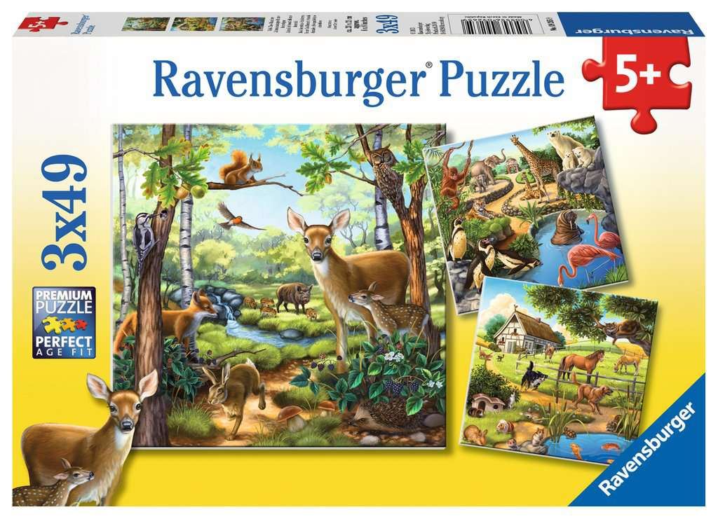 Ravensburger Zvířata v lese, zoo a domácí zvířata - puzzle - 3 x 49 dílků
