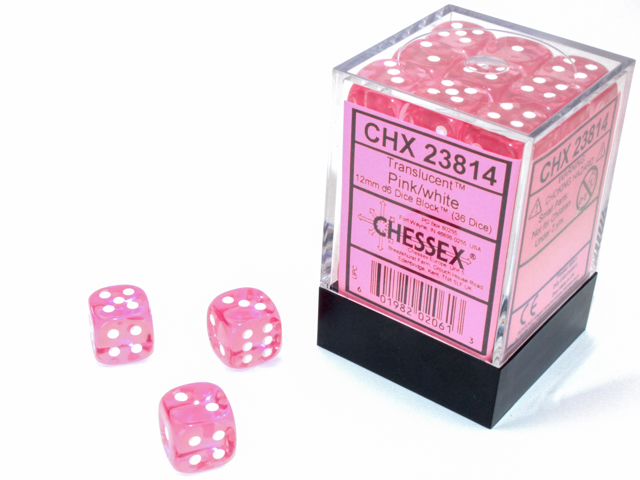 Chessex - kostky - Translucent Pink/white 12mm d6 Dice Block (36 kostek)