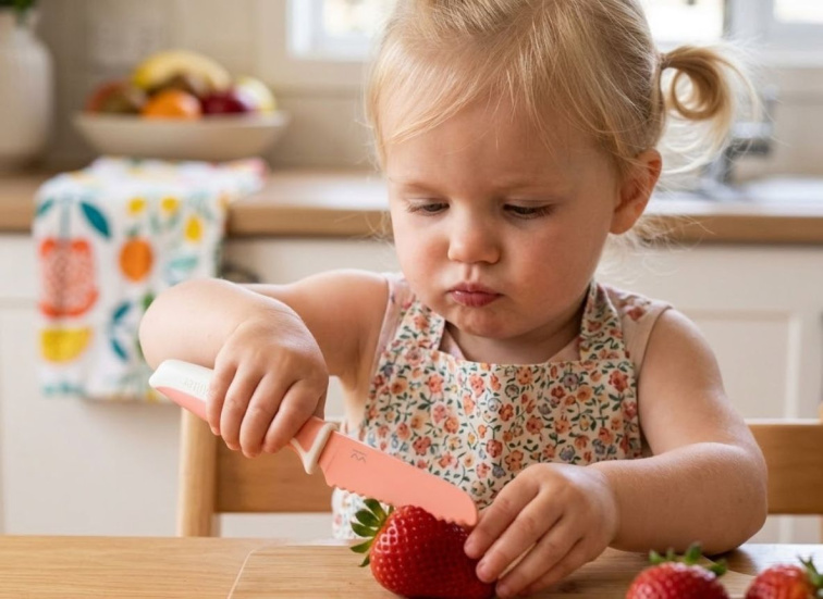 Dvouletá holčička krájí prvním bezpečným nožem pro děti Kiddikutterem. Nůž má zaoblené ostří, děti se nemůžou říznou.
