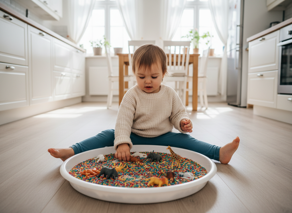 Holčička má před sebou plastový tác Play Tray. V něm má nasypanou barevnou rýži a figurky zvířátek. Pomocí rukou zvířátka z rýže loví a rozvíjí tak jemnou motoriku a pinzetový úchop.
