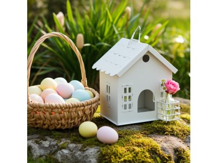 Lucerna domek s vázičkou 15 cm kov, bílá edited 4