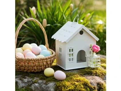 Lucerna domek s vázičkou 15 cm kov, bílá