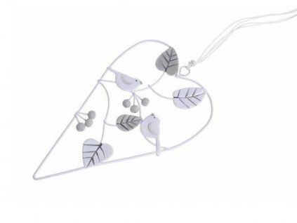 Kovové srdce s vtáčikmi – biele 16 cm