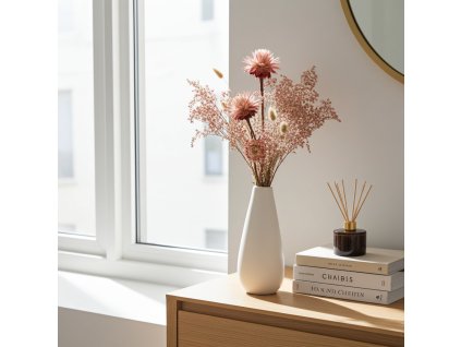 Plumosum - purple ve váze s gypsophilou na komodě