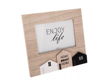 Dřevěný fotorámeček s domečky na šířku 10 x 15 cm
