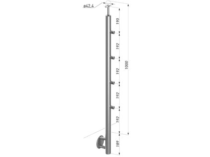 Stĺp nerezový (42.4mm), bočné kotvenie, 4 x držiaková výplň, prechodný, vrch pevný, brúsený povrch K320/AISI304