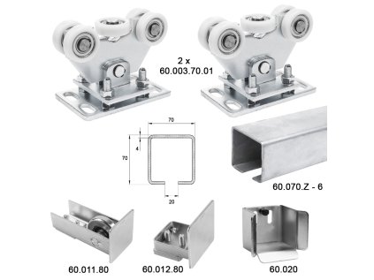 Samonosný systém 70x70x4mm posuvnej brány do prejazdu 4.5m/250kg, vozíky s nylonovými kolieskami ( set obsauje aj profil 70x70 pozinkovaný povrch)