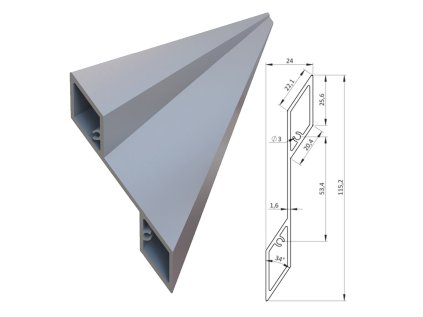 Hliníková lamela 115.2x24mm, hrúbka steny 1.6mm, L:6000mm, hliník bez povrchovej úpravy, materiál EN AW-6060