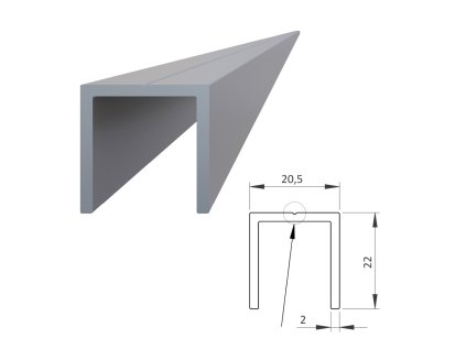 Hliníkový U profil 20.5x22mm pre lamely 16 mm, L:6000 mm, bez povrchovej úpravy, EN AW-6060