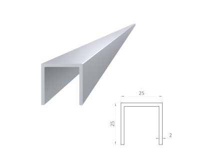Hliníkový U profil 25x25x25x2 mm, vhodný pre profil 20mm, L:6000mm, prírodný hliník bez povrchovej úpravy, EN AW-6060