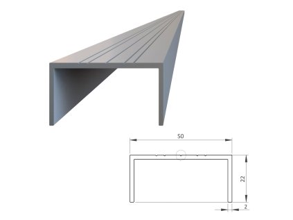 Hliníkový U profil 50x22x2mm, dĺžka 6000 mm, prírodný hliník bez povrchovej úpravy, EN AW-6060