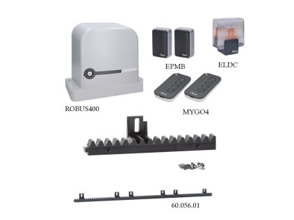 Sada pohonu NICE Robus400BDKCE pre posuvnú bránu do 400 kg, sada obsahuje: pohon, fotobunky(pár), maják, 2 x ovládač, 4 m hrebeňa