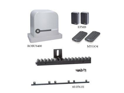 Sada pohonu NICE Robus400BDKCE pre posuvnú bránu do 400 kg, sada obsahuje: pohon, fotobunky(pár), 2 x ovládač, 4 m hrebeňa