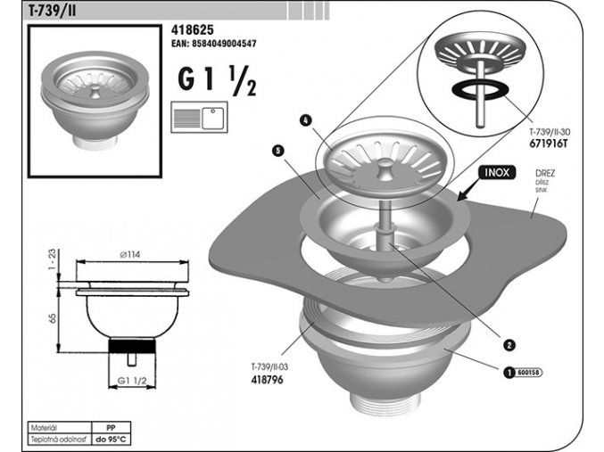 Ventil dřezový vypouštěcí 1 1/2´´ T-739/II plast/nerez  SAM