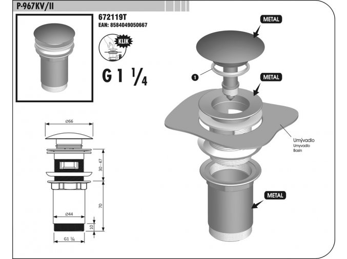 Ventil dřezový vypouštěcí KLIK 1 1/4´´ P-967KV/II  SAM