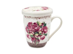 Hrnek porcelán se sítkem a víčkem 340ml  KVĚT RŮŽE