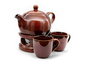 Konvice porcelán 1000ml s ohřívačem + 2 hrnky  HNĚDÝ LESK