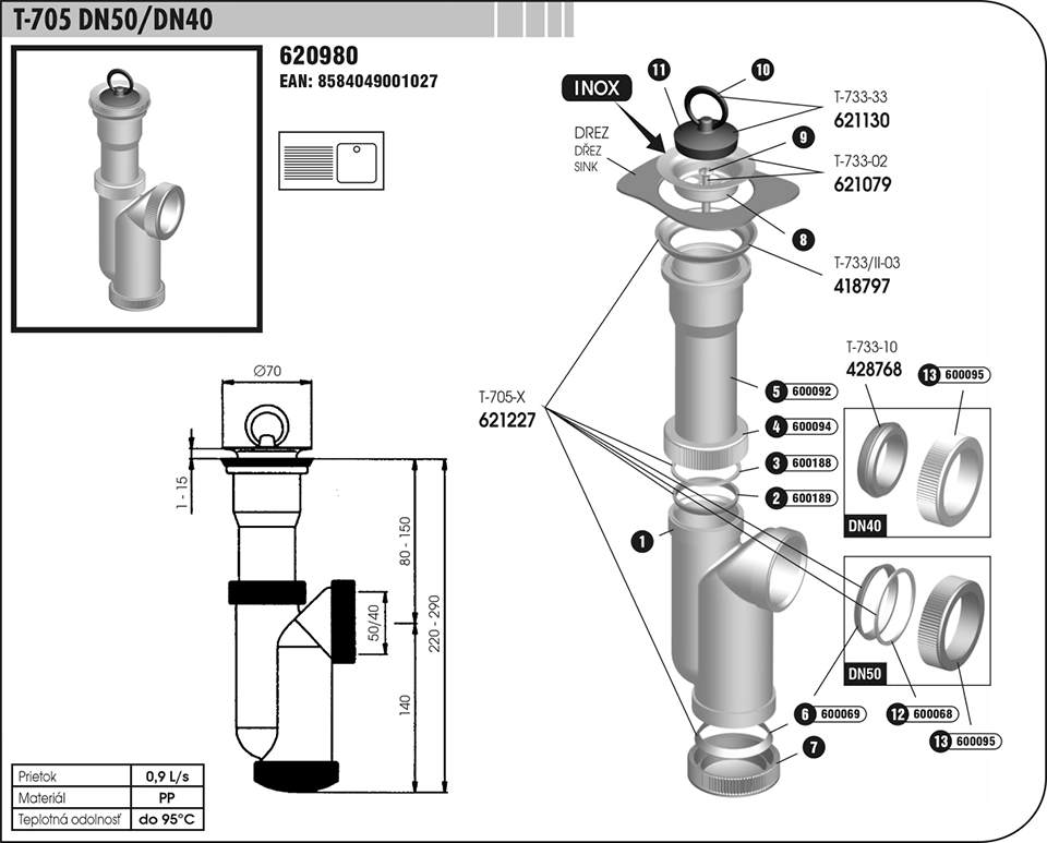 Sifón drezový chróm T-705 DN50/40 s prepadom