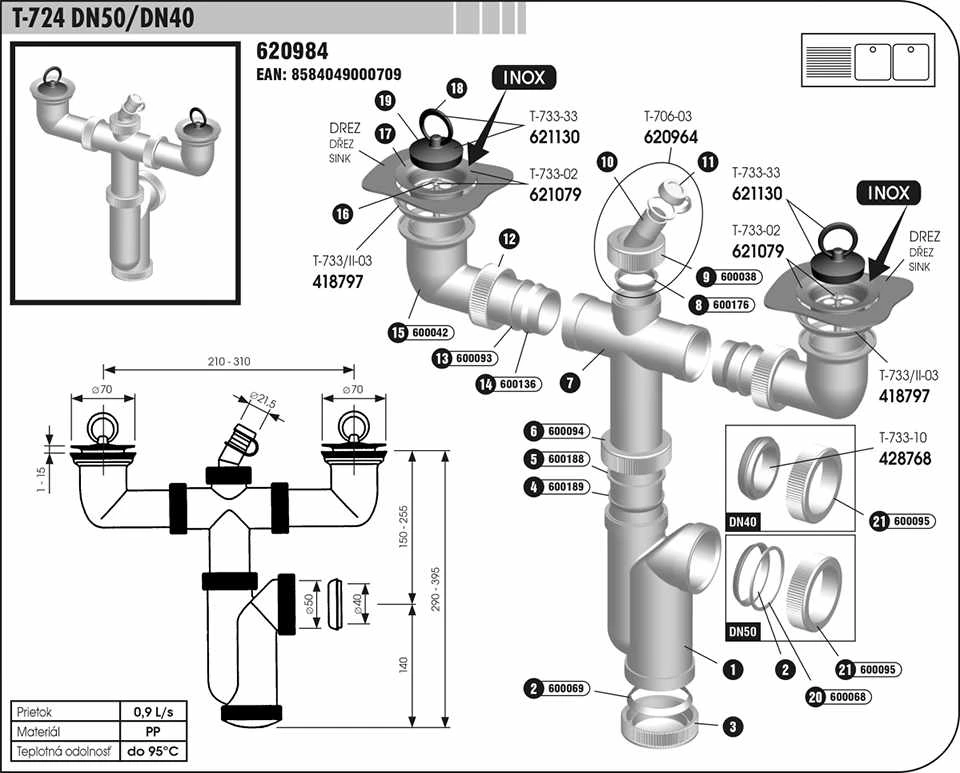 Sifón dvojdrezový T-724 DN50/DN40
